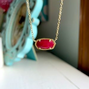 Kendra Scott gold necklace, raspberry dark pink stone, adjustable length